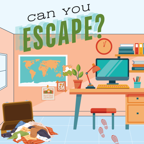 Image of room with photos on wall, computer desk on one side, suitcase open on the floor, and red footprints across the floor with text at the top reading: Can You Escape?