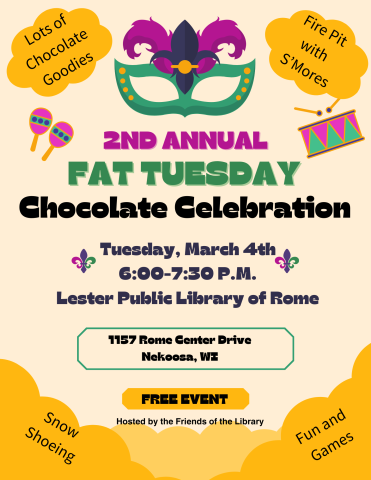 Poster decorated with a Mardi gras mask, instruments, and yellow clouds with text inside