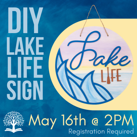 Image of wooden lake life sign with waves and horizon painted background