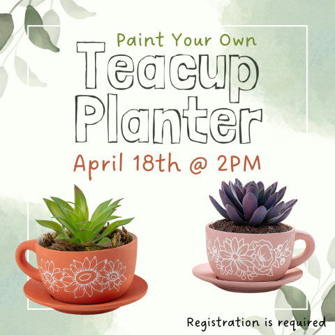 Green leafy background with two teacup planters in foreground