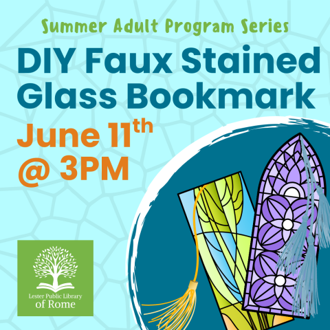 Image of purple stained glass window and blue/green stained glass window made into bookmarks